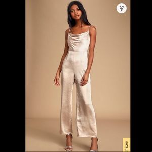 Lulu's Champagne Satin Cowl Neck Jumpsuit